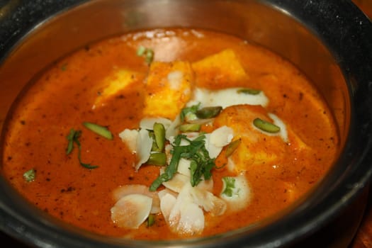The food cooked at restaurant. Various dishes for every taste and choice.