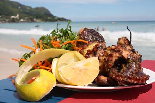 The food cooked at restaurant. Various dishes for every taste and choice.