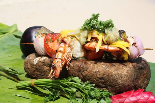 The food cooked at restaurant. Various dishes for every taste and choice.