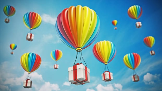 Colorful hot air balloon carying white giftbox wrapped with red ribbon. 3D illustration.