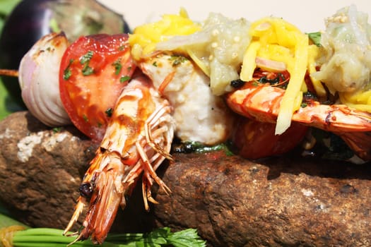 The food cooked at restaurant. Various dishes for every taste and choice.