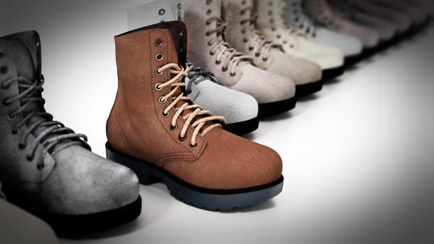 New suede boot stands out among old used boots. 3D illustration.