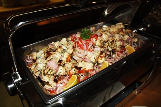 The food cooked at restaurant. Various dishes for every taste and choice.