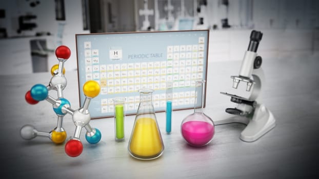 Chemistery laboratory with microscope, molecule model and glass lab eqipment on the table. Periodic table on the background. 3D illustration.