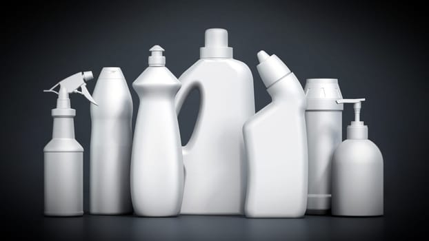 Blank cleaning product packages isolated on black background. 3D illustration.