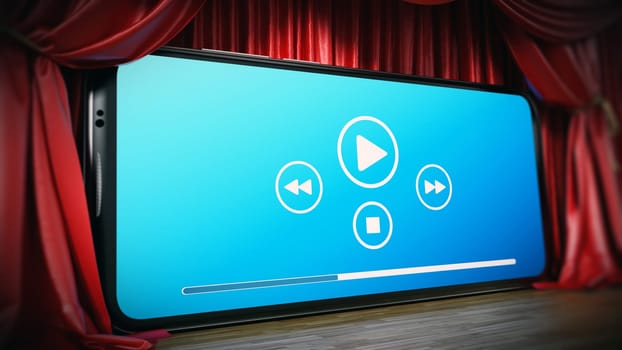 Smartphone with media control icons at the stage among red curtains. 3D illustration.