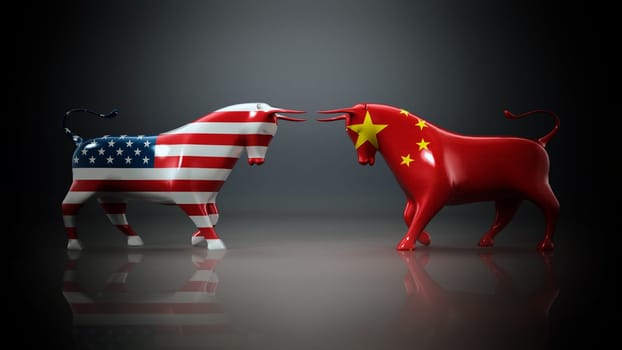 Bulls with American and Chinese flags facing each other on dark background. 3D illustration.