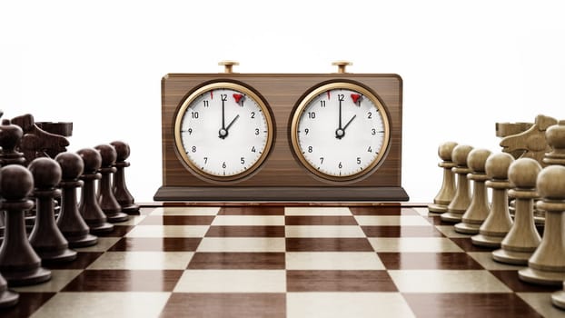 Wooden retro chess clock and chess board isolated on white background. 3D illustration.