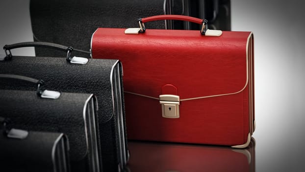 Red briefcase standing out among black briefcases. Business and success concept. 3D illustration.