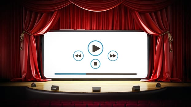 Smartphone with media control icons at the stage among red curtains. 3D illustration.