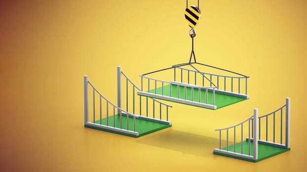 Green bridge parts fitting each other. Building bridges concept. 3D illustration.