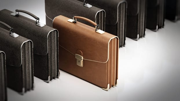 Brown leather briefcase standing out among black briefcases. Business and success concept. 3D illustration.