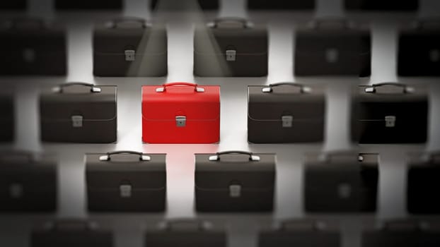 Leather red briefcase standing out among black briefcases. 3D illustration.
