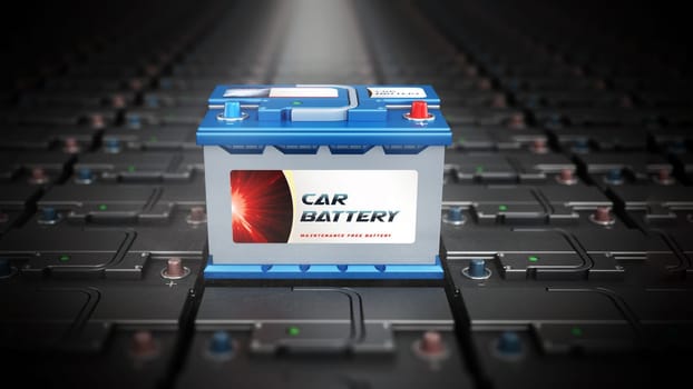 Generic car battery stands out among others. 3D illustration.
