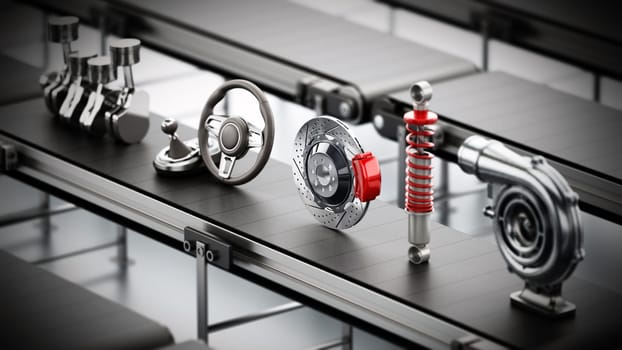 Conveyor belt carrying various car parts. 3D illustration.