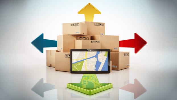 Cargo boxes, four way arrows and tablet computer withGPS map. 3D illustration.