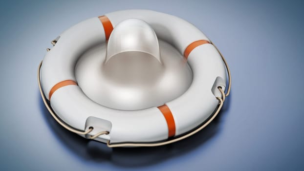 Condom inside lifebelt on gray surface. 3D illustration.