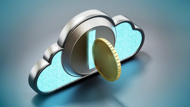 Cryptocurrency coin with cloud shaped coin counter. 3D illustration.