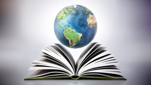 Blue globe on open book pages. 3D illustration.
