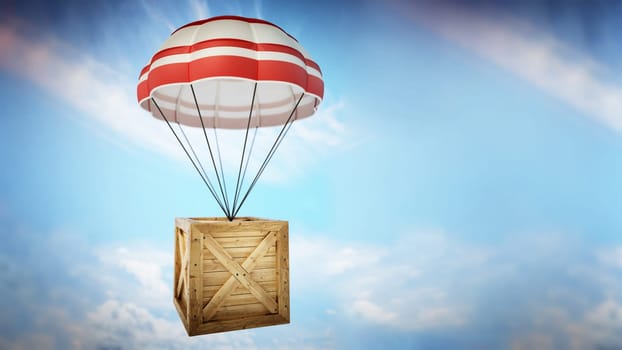 Wooden crate in the sky being delivered with parachutes. 3D illustration.