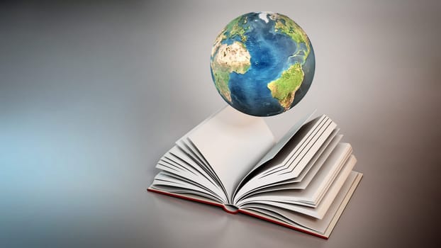 Blue globe on open book pages. 3D illustration.