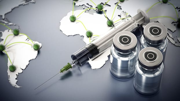 Covid 19 vaccine bottles and syringe standing on world map. 3D illustration.