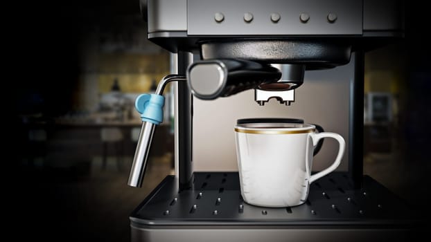 Coffee machine with a cup of fresh coffee. 3D illustration.