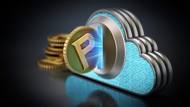 Cryptocurrency coin with cloud shaped coin counter. 3D illustration.