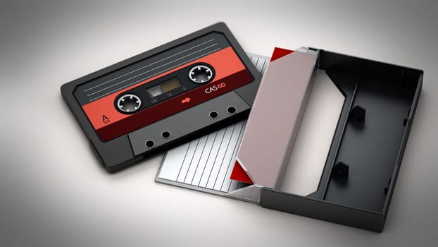 Vintage audio cassette and cassette case isolated on white background. 3D illustration.