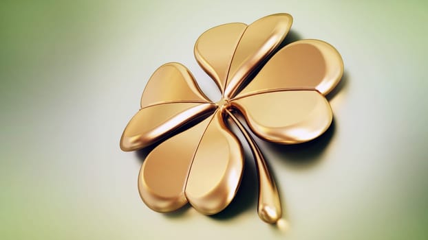 Golden four leaf clover on green background. 3D illustration.