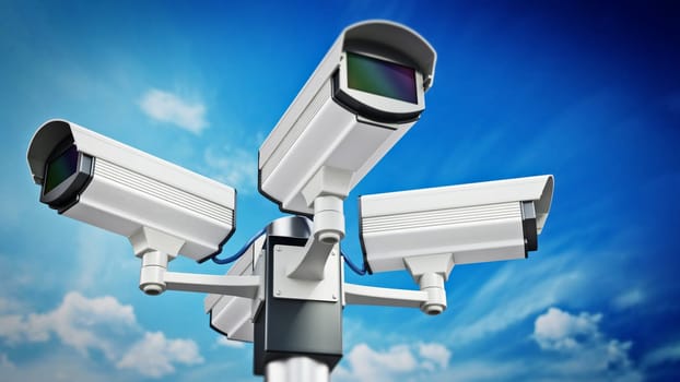 Security cameras on the pole on blue sky background. 3D illustration.