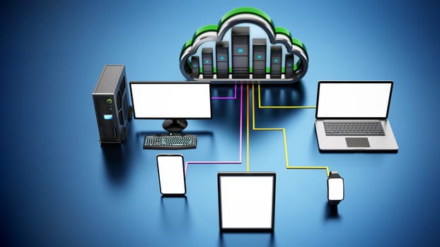 Smart devices connected to the cloud shaped servers. Cloud computing diagram. 3D illustration.