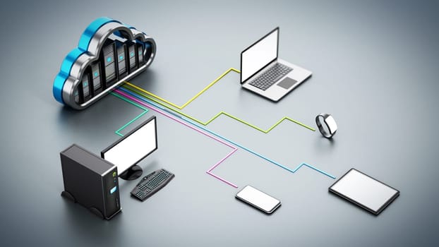 Smart devices connected to the cloud shaped servers. Cloud computing diagram. 3D illustration.