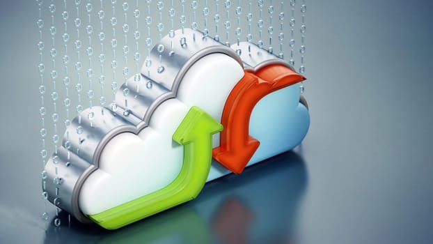 Uploading and downloading arrows and cloud shape. 3D illustration.