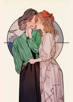 Against a light background, two cute girls are flirting for the first time. The girl with a red bow in her hair is gently approaching her lover in a green blouse. Their loving gazes intertwine in this morning atmosphere. This is the beginning of their exciting journey into their first serious relationship.