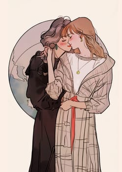 Two young girls, dressed in modern outfits, stand close together. Their looks and smiles speak of the first moments of falling in love, early romance and tender friendship.