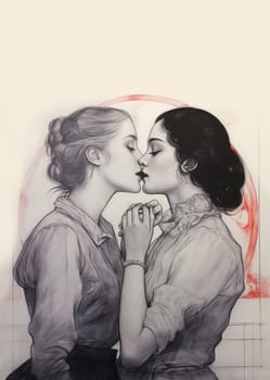 Vintage style pencil sketch on pure white background with red strokes. Two women dressed in early 20th century outfits are kissing tenderly while holding hands. The sketch has a nostalgic charm reminiscent of the work of an impressionist painter. Perfect for those looking for a timeless and romantic depiction of love in an art form.