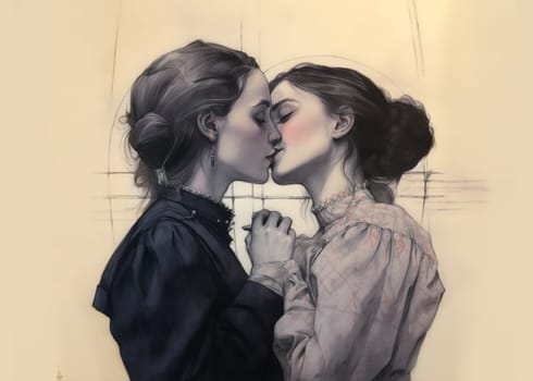 A vintage story blossoms on old, yellowed paper. Two girls dressed in the style of the early 20th century kiss each other, echoing the romance of yesteryear. A rosy blush plays lovingly on their cheeks, as if the brushes of the past were painting a picture of true love. There is a hint in this sketch that LGBT relationships existed 100 years ago.