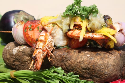 The food cooked at restaurant. Various dishes for every taste and choice.