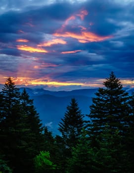 Scenic sunrise in Smokey Mountains viewed from Blue Ridge Parkway