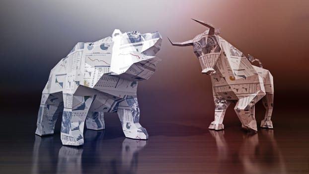 Financial numbers and charts on low poly bull and bear. 3D illustration.