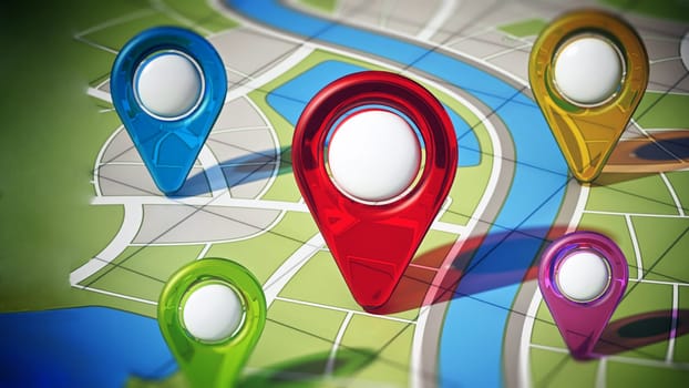 City map with colored GPS markers. 3D illustration.
