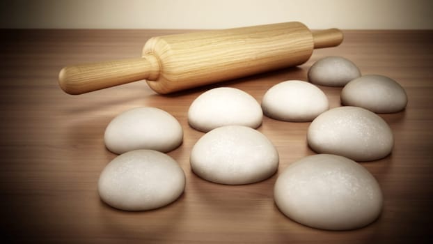 Rolling pin and fresh raw doughs standing on the kitchen counter. 3D illustration.