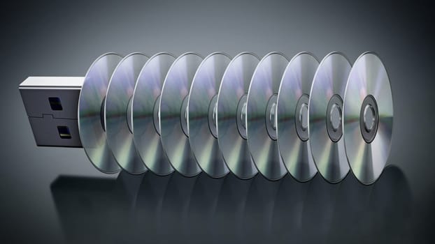 USB pen drive with stacked discs isolated on black background. 3D illustration.
