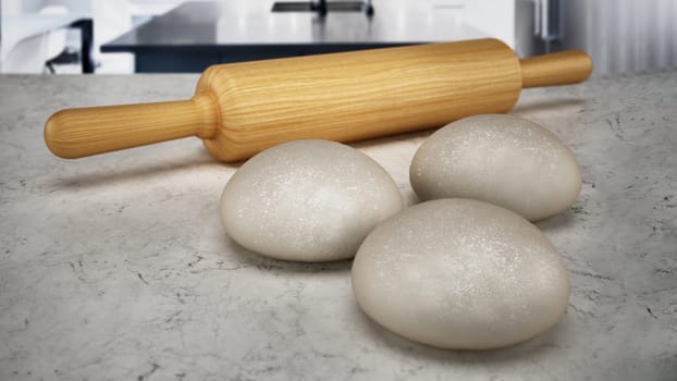 Rolling pin and fresh raw doughs standing on the kitchen counter. 3D illustration.