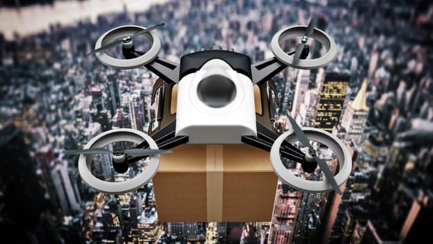Unmanned drone carrying cargo box above the big city view. 3D illustration.