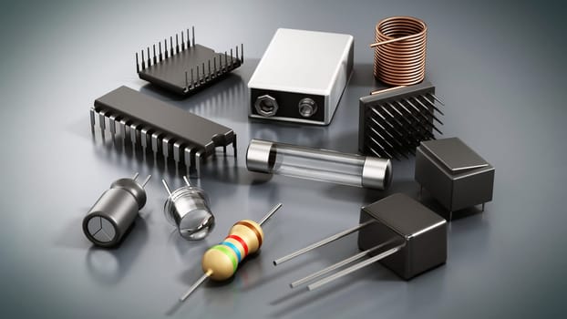 Spare electronic parts isolated on gray background. 3D illustration.