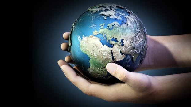 Hands holding a globe against dark background. 3D illustration.