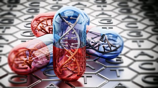 Capsule with DNA helix standing on adenine, thymine, cytosine and guanine background. 3D illustration.