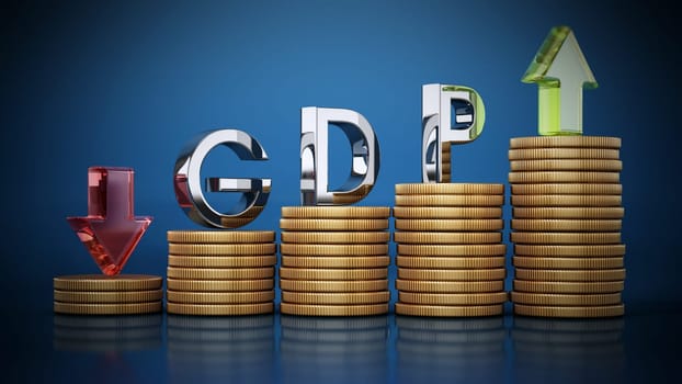GDP word, rising and falling arrows and coins. Gross domestic product concept. 3D illustration.